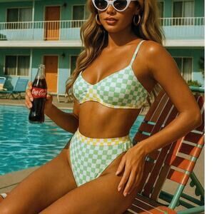 New S Fashion Nova Retro Pinup Check Underwire‎ Hight Cut Swimsuit Bikini Mint